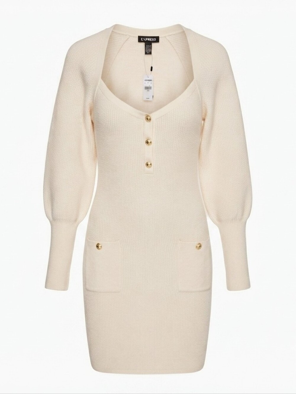 Express Cream Ribbed Knit Long-Sleeve Button-Front Dress